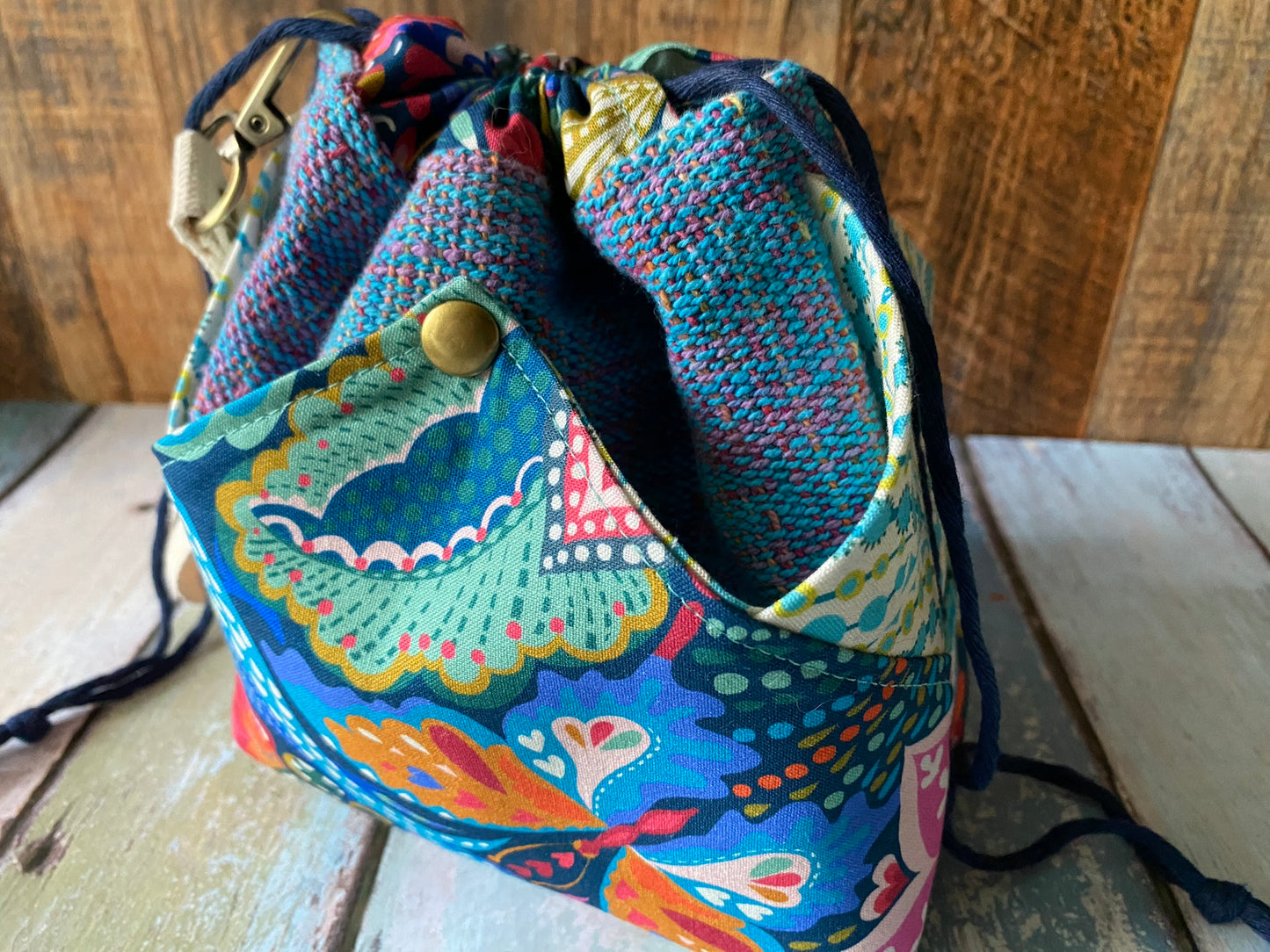 Blue Beautiful Blossoms Plenty O' Pockets Small Drawstring Pouch