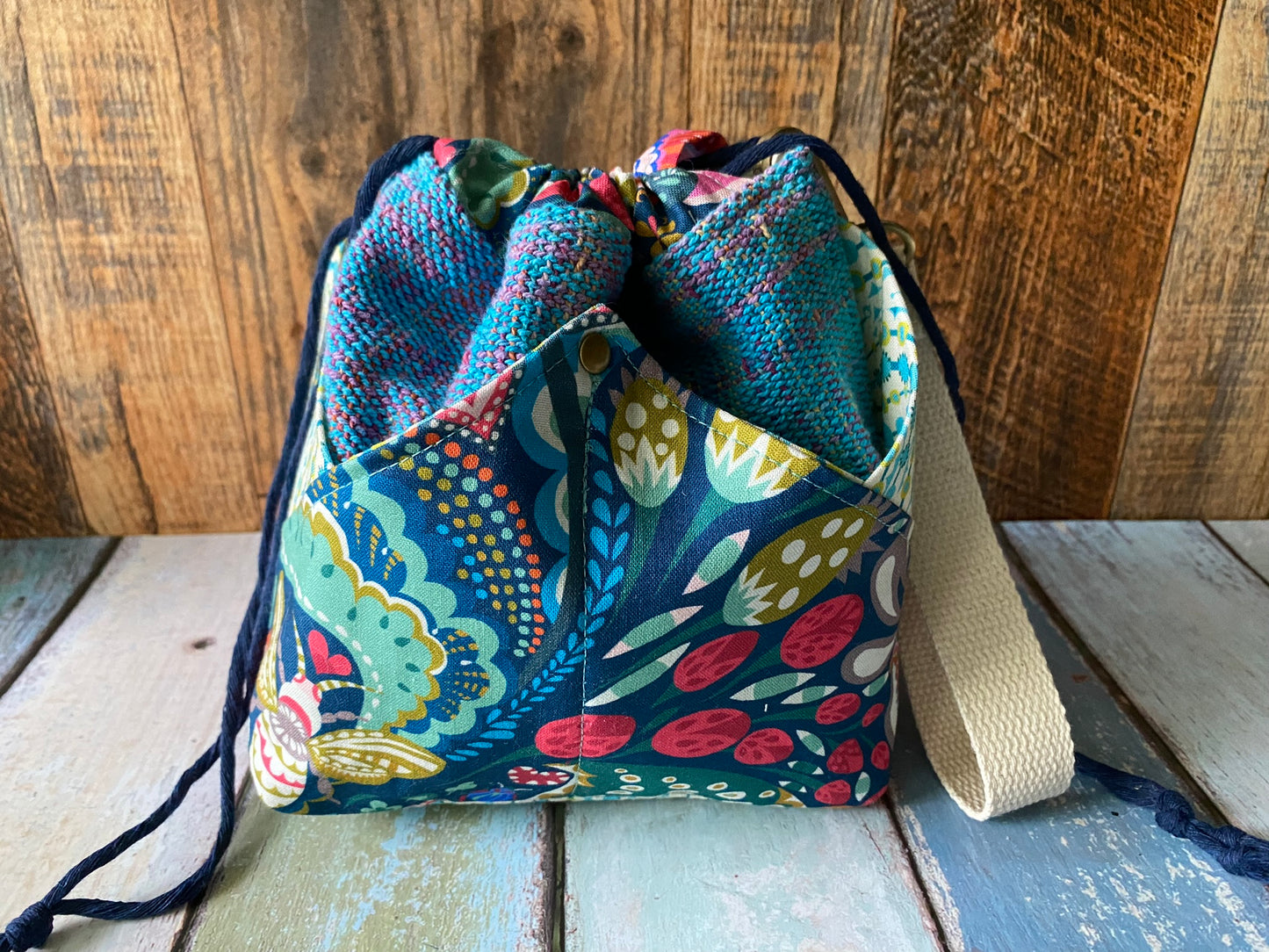 Blue Beautiful Blossoms Plenty O' Pockets Small Drawstring Pouch