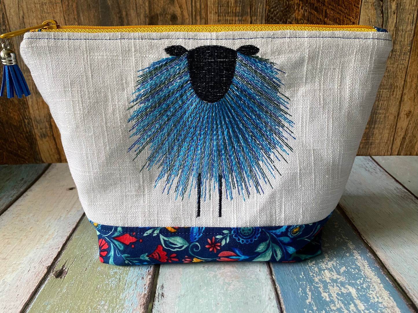 Blue Folk Sheep Project or Cosmetic Zipper Bag