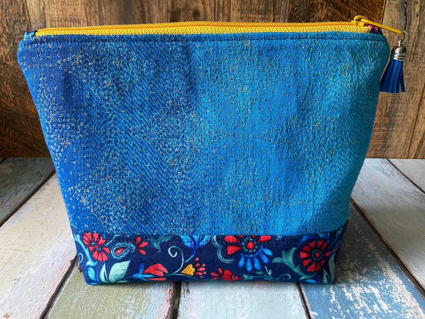 Blue Folk Sheep Project or Cosmetic Zipper Bag