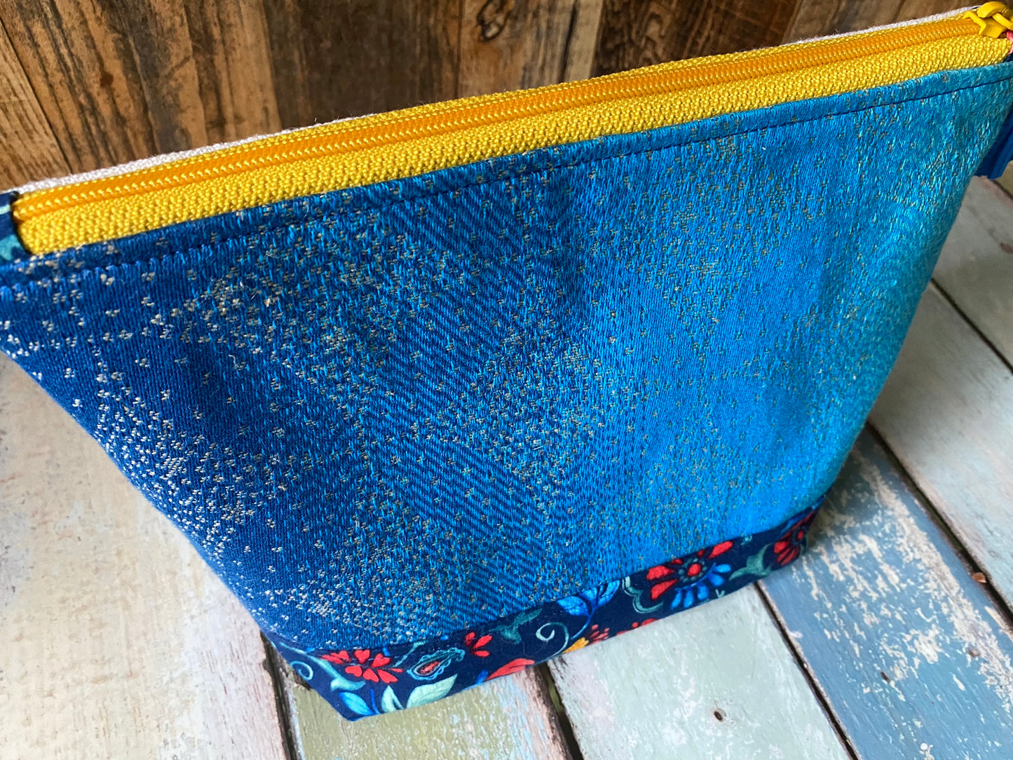 Blue Folk Sheep Project or Cosmetic Zipper Bag