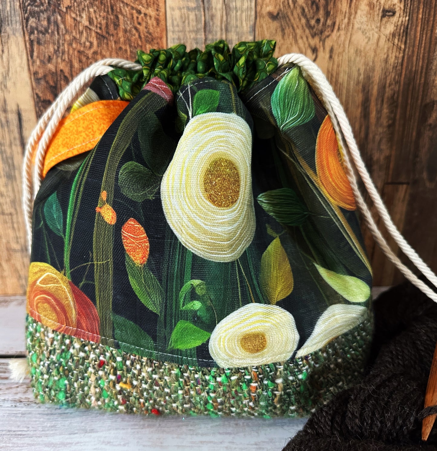 Peony Flowers with Handwoven Llama and Linen Medium Project Bag