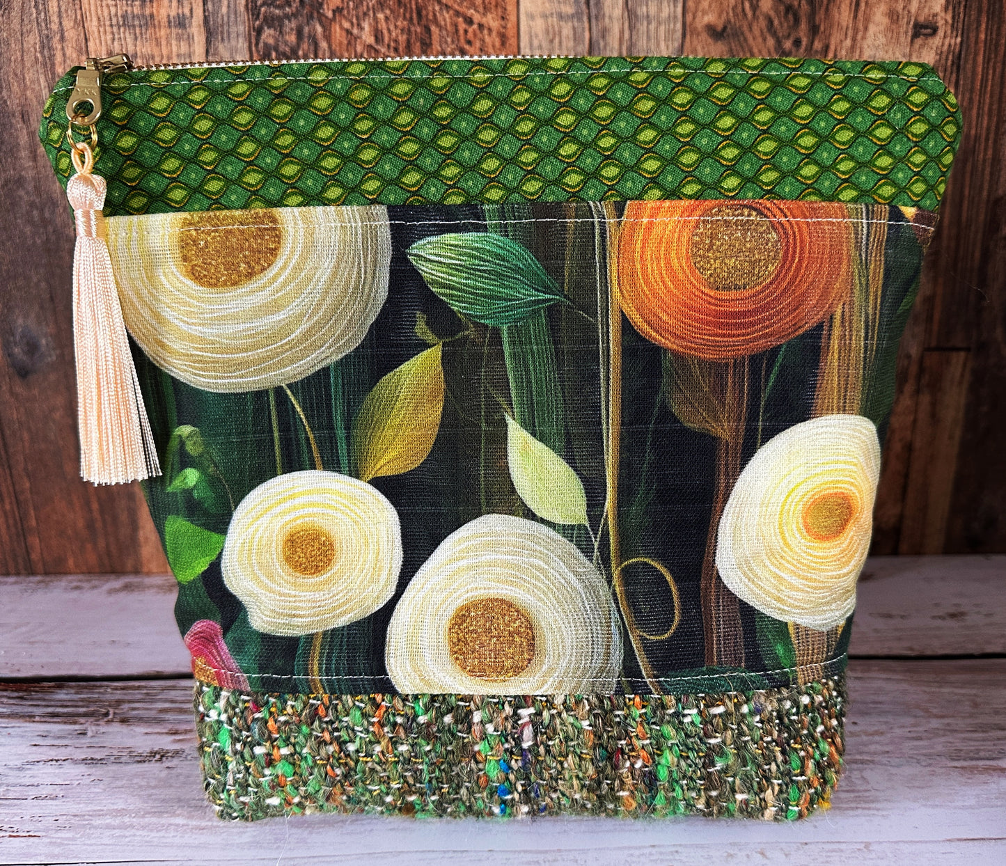 Peony Flowers with Woven Llama and Flax Cosmetic or Zipper Bag