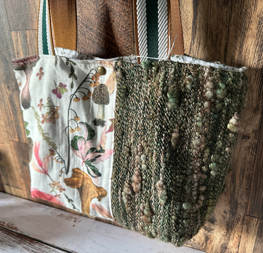 Cottagecore Mushrooms and Handwoven Wool Med Everyday Tote