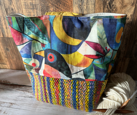 Abstract Birds and Handwoven Wool Medium Loop Bag, Sloughy Sack Project Bag
