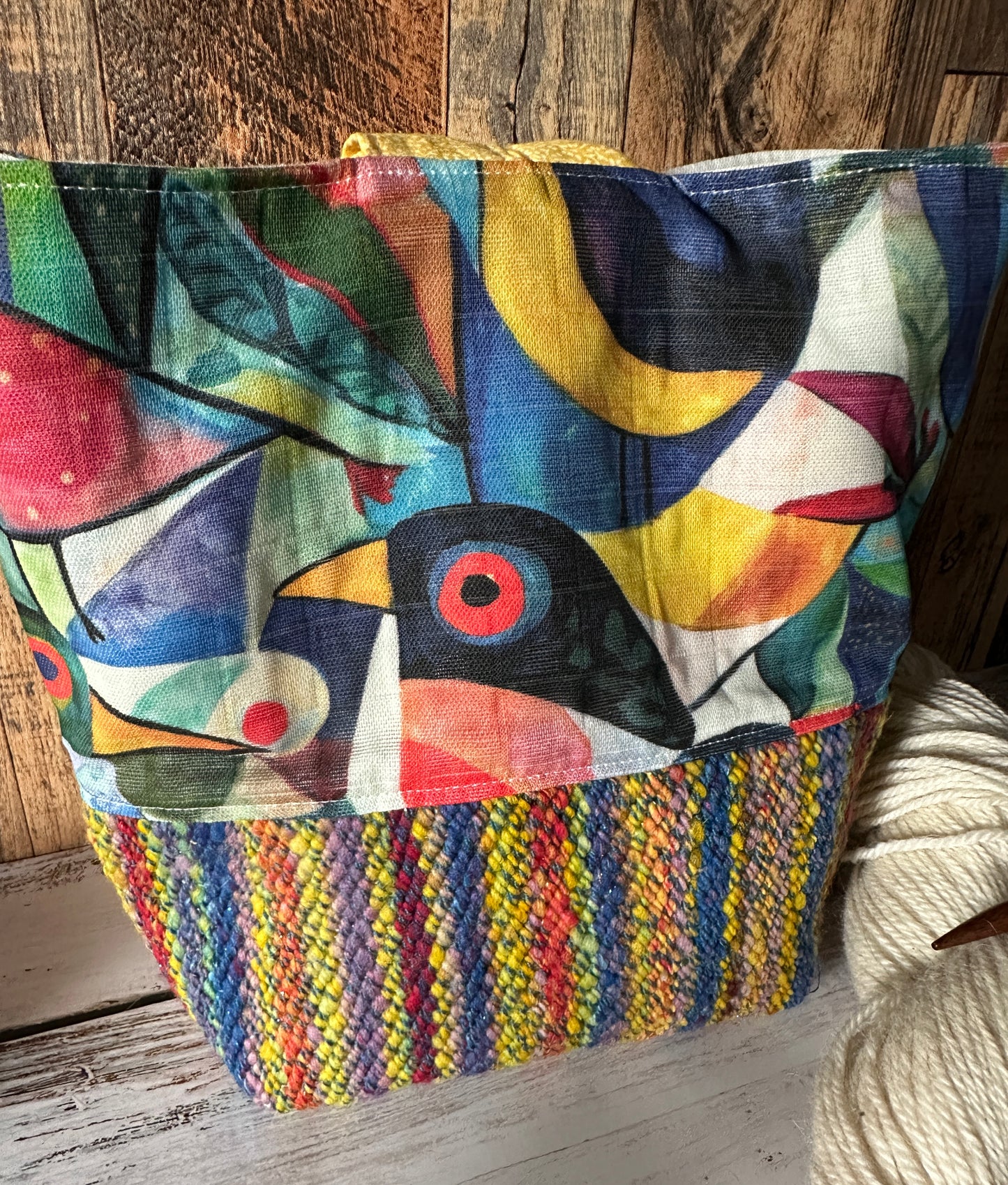 Abstract Birds and Handwoven Wool Medium Loop Bag, Sloughy Sack Project Bag