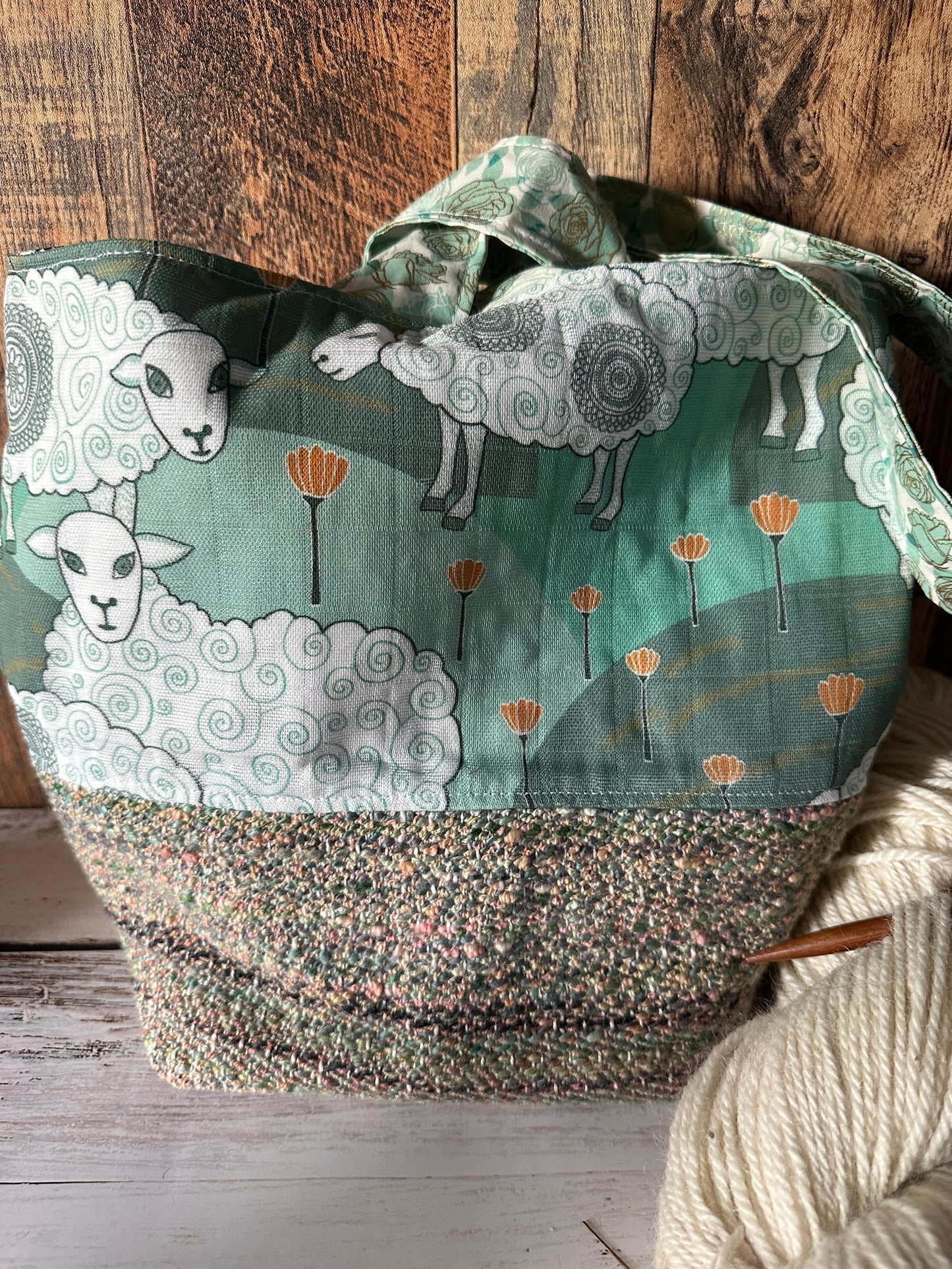 Sweet Sheep and Handwoven Wool Medium Loop Bag, Slouchy Sack Project Bag
