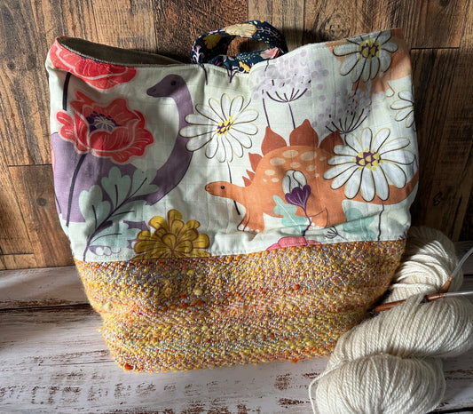 Dinosaurs in the Garden and Handwoven Wool Large Loop Bag, Slouchy Sack Project Bag