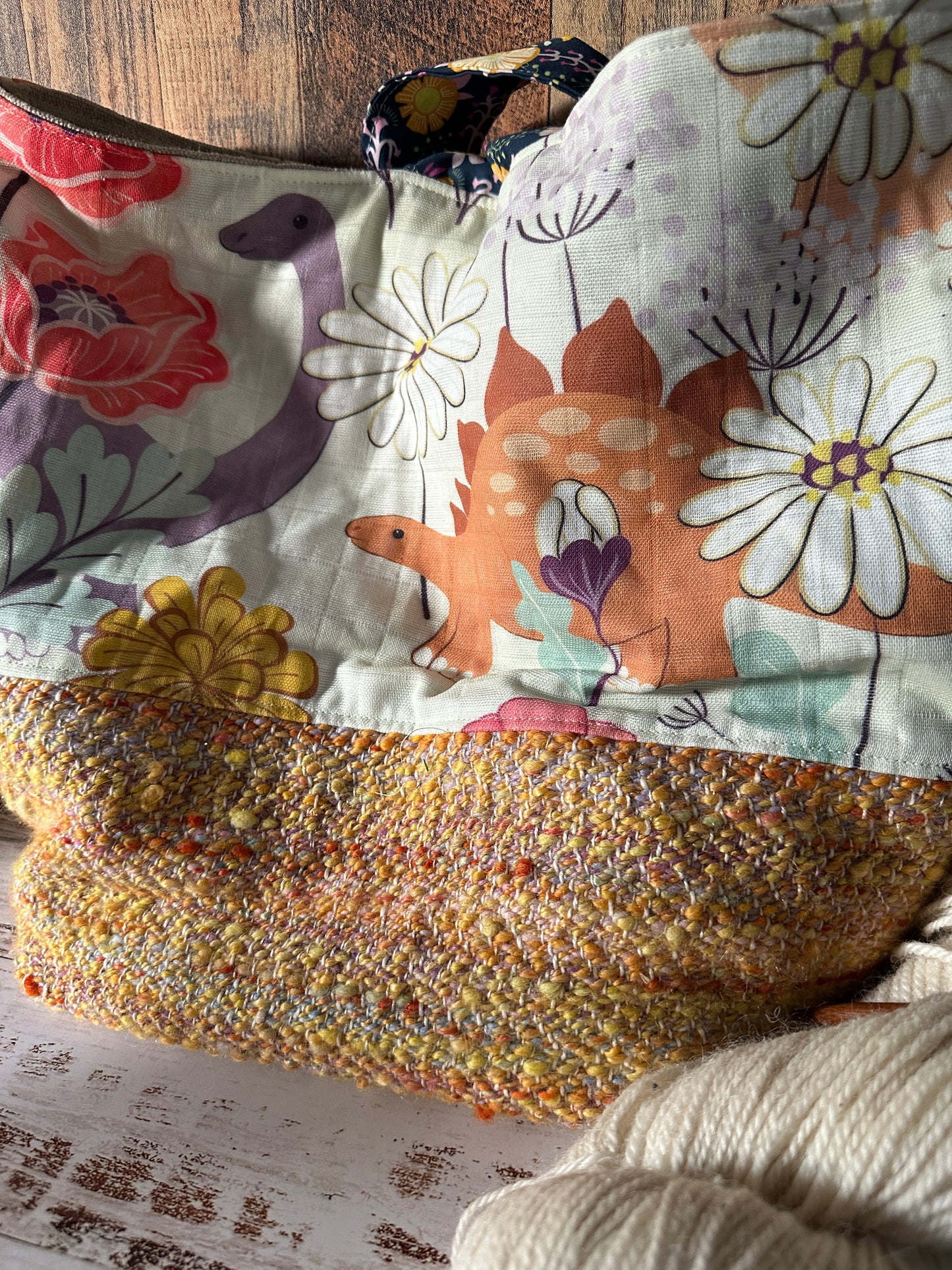Dinosaurs in the Garden and Handwoven Wool Large Loop Bag, Slouchy Sack Project Bag