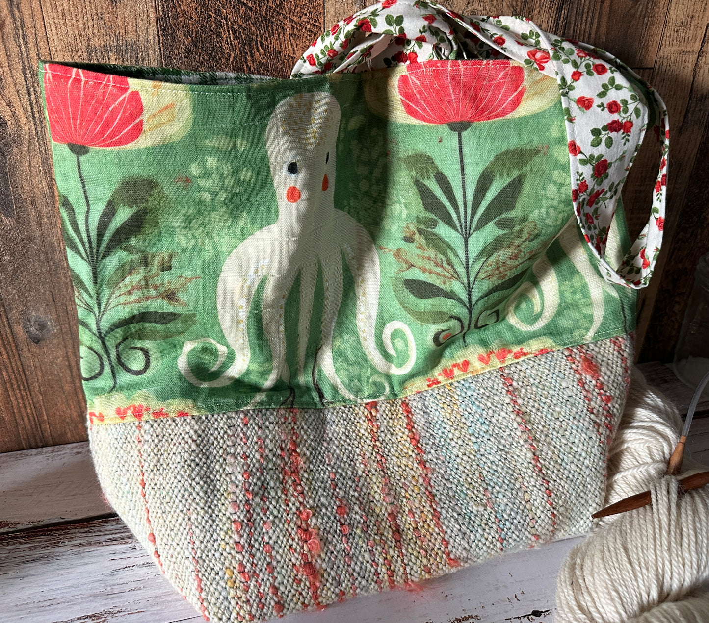 Octopus Garden and Handwoven Wool Large Loop Bag, Slouchy Sack Project Bag