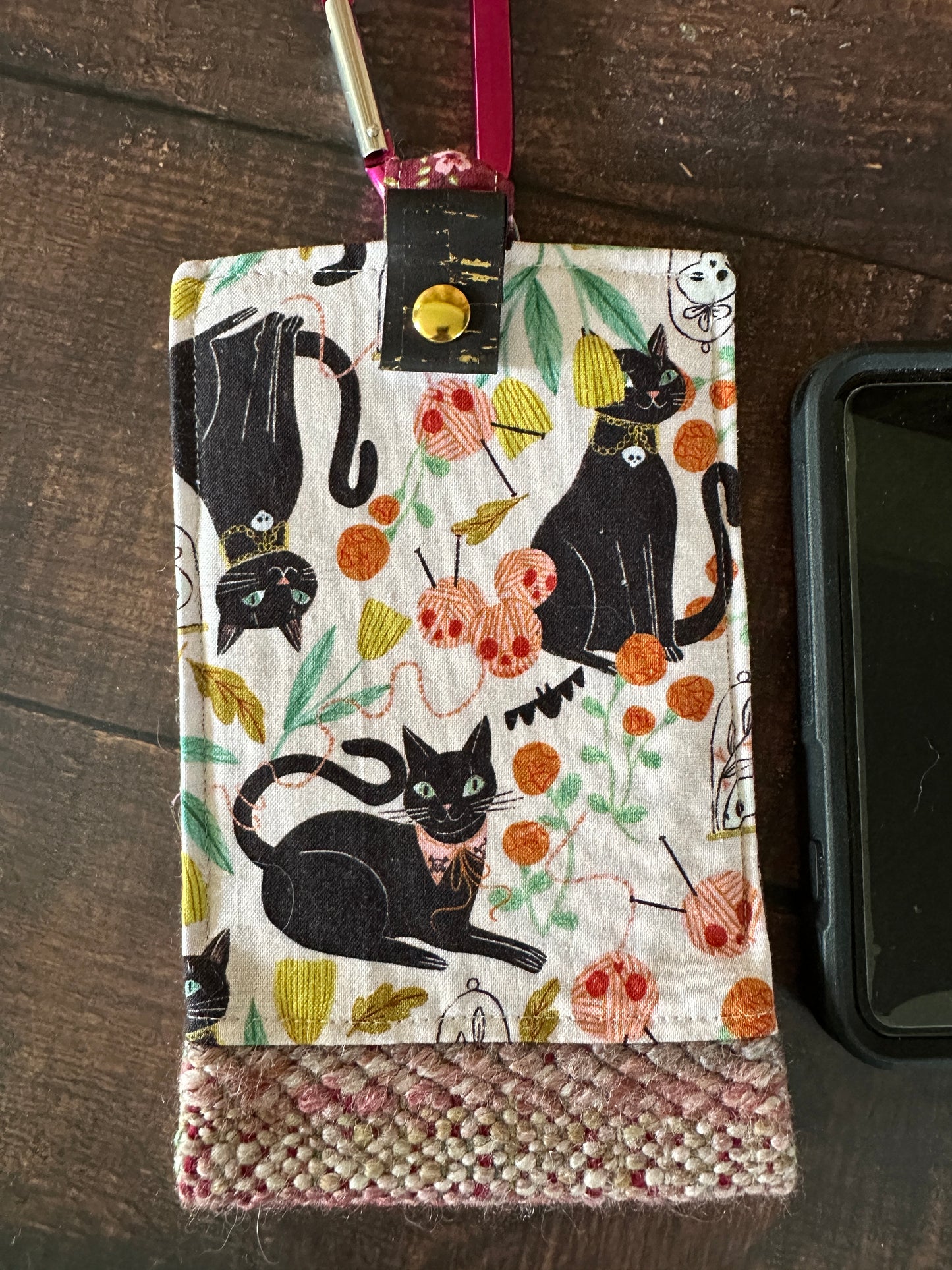 Goth Black Cat and Handwoven Wool Phone Pouch with Internal Card Pocket