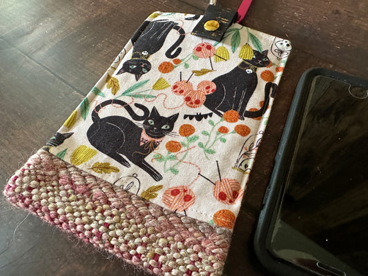 Goth Black Cat and Handwoven Wool Phone Pouch with Internal Card Pocket