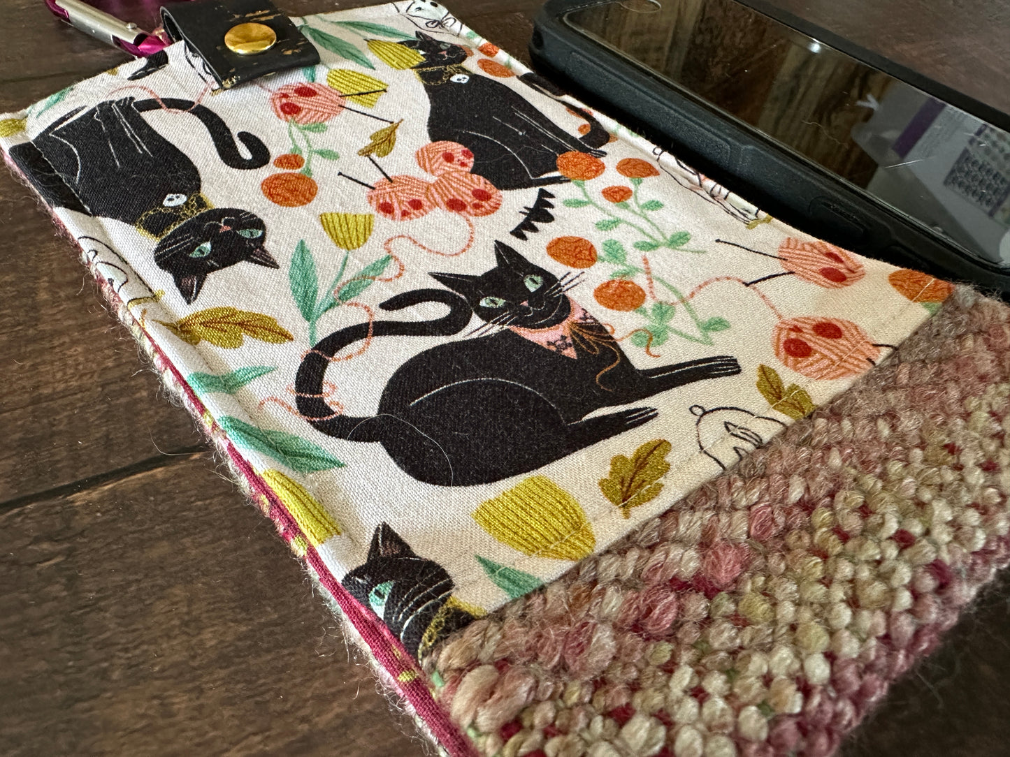 Goth Black Cat and Handwoven Wool Phone Pouch with Internal Card Pocket