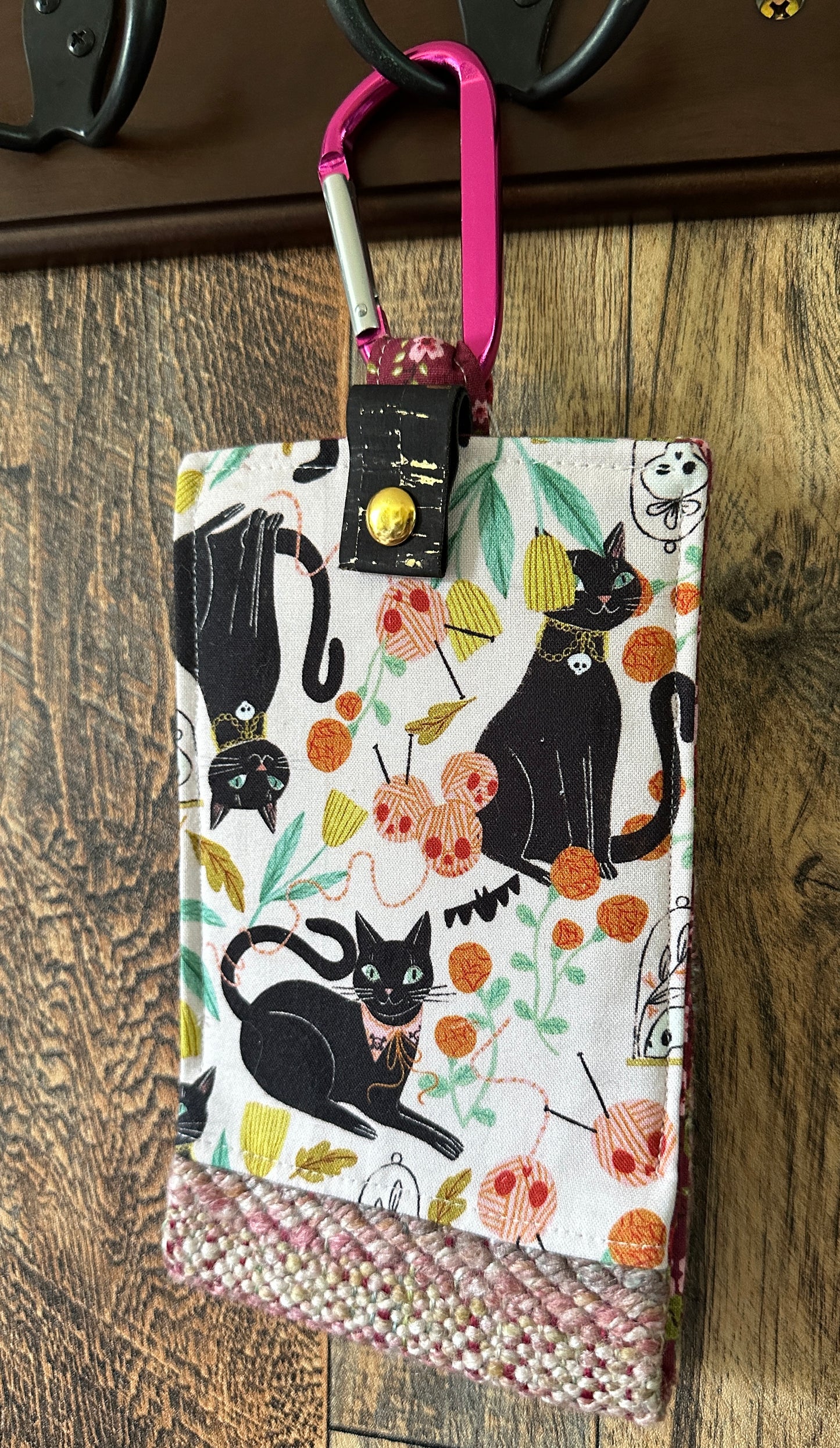 Goth Black Cat and Handwoven Wool Phone Pouch with Internal Card Pocket