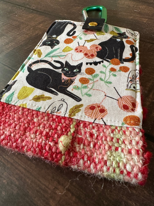 Goth Black Cat and Handwoven Wool Phone Pouch with Internal Card Pocket