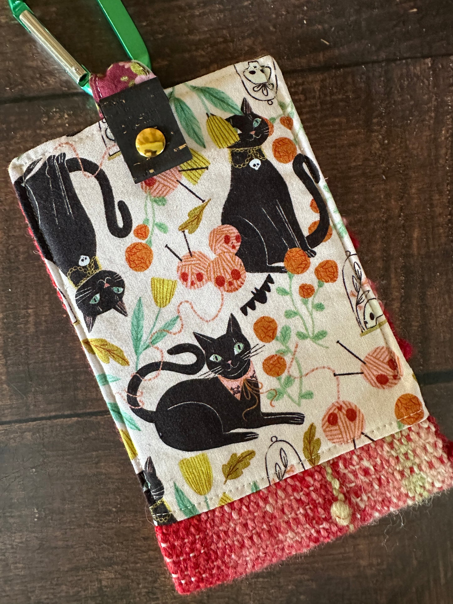 Goth Black Cat and Handwoven Wool Phone Pouch with Internal Card Pocket