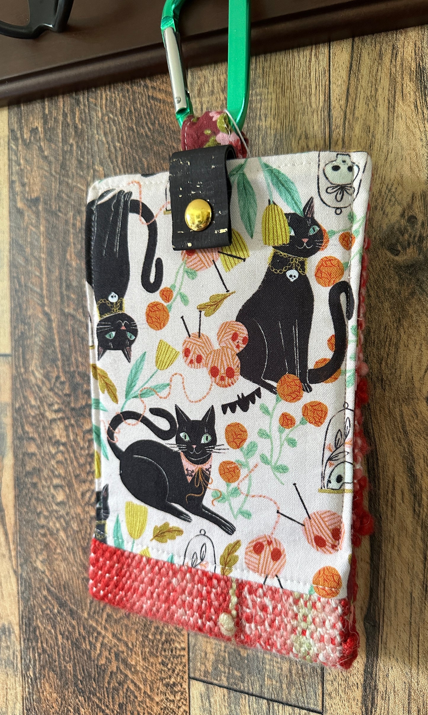 Goth Black Cat and Handwoven Wool Phone Pouch with Internal Card Pocket