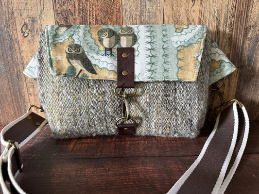 Elf Owls in Saguaro and Woven Wool Crossbody Sling Bag