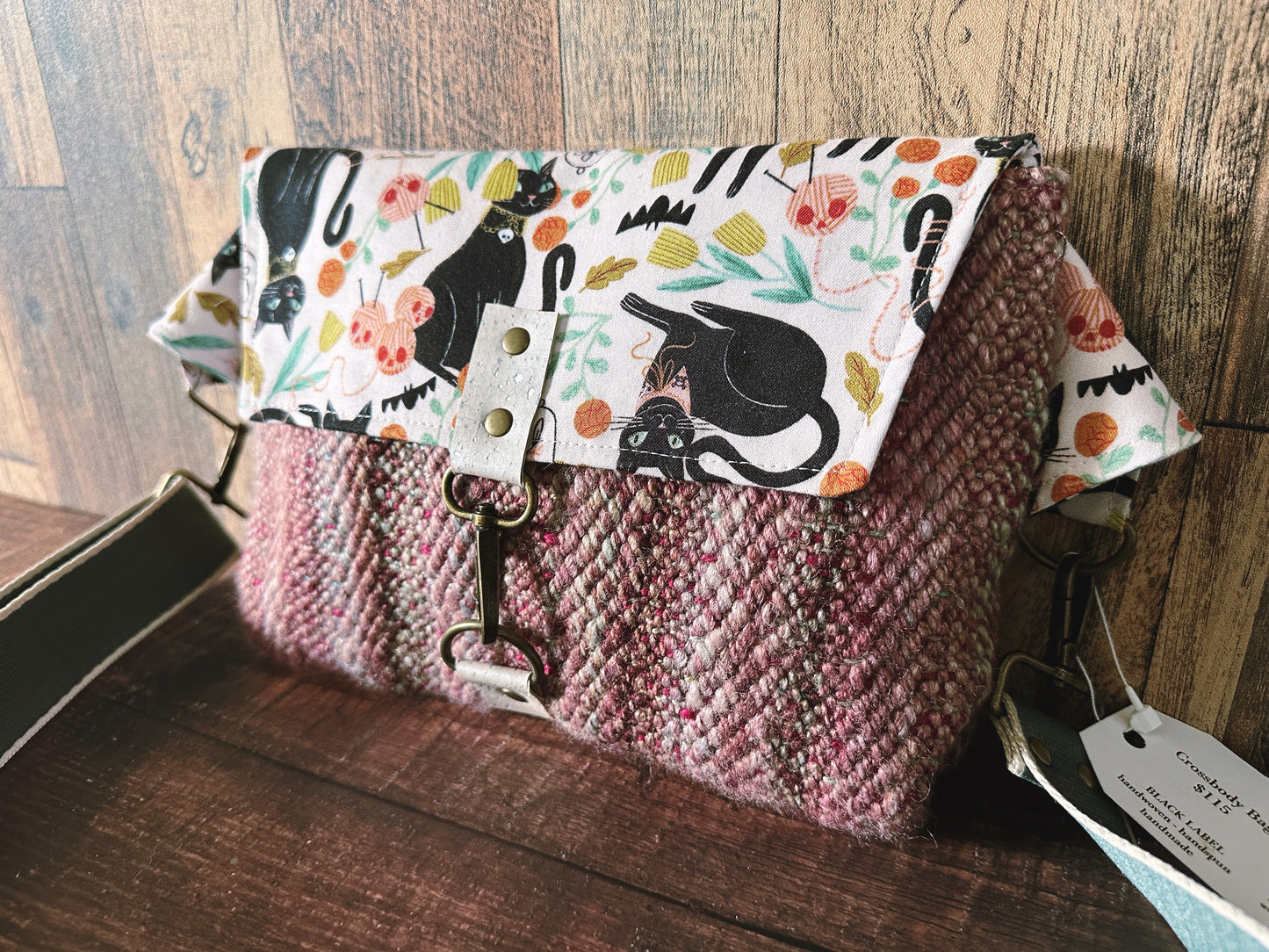 Goth Black Cat and Woven Wool Crossbody Sling Bag