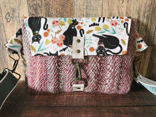 Goth Black Cat and Woven Wool Crossbody Sling Bag