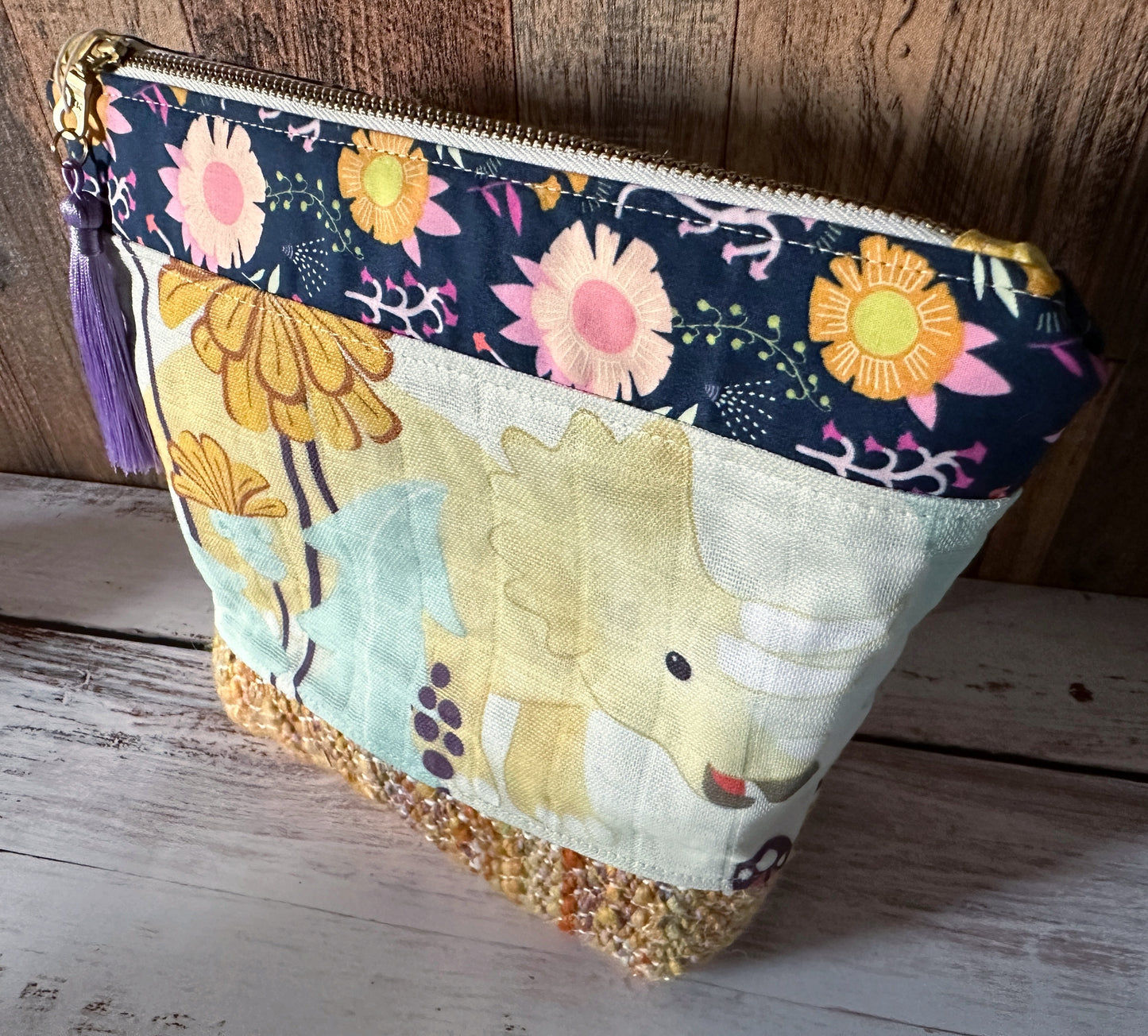 Dinosaurs in the Garden with Woven Wool Cosmetic or Zipper Bag