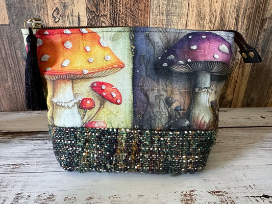 Vibrant Toadstools & Handwoven Wool Small Open Wide Bag