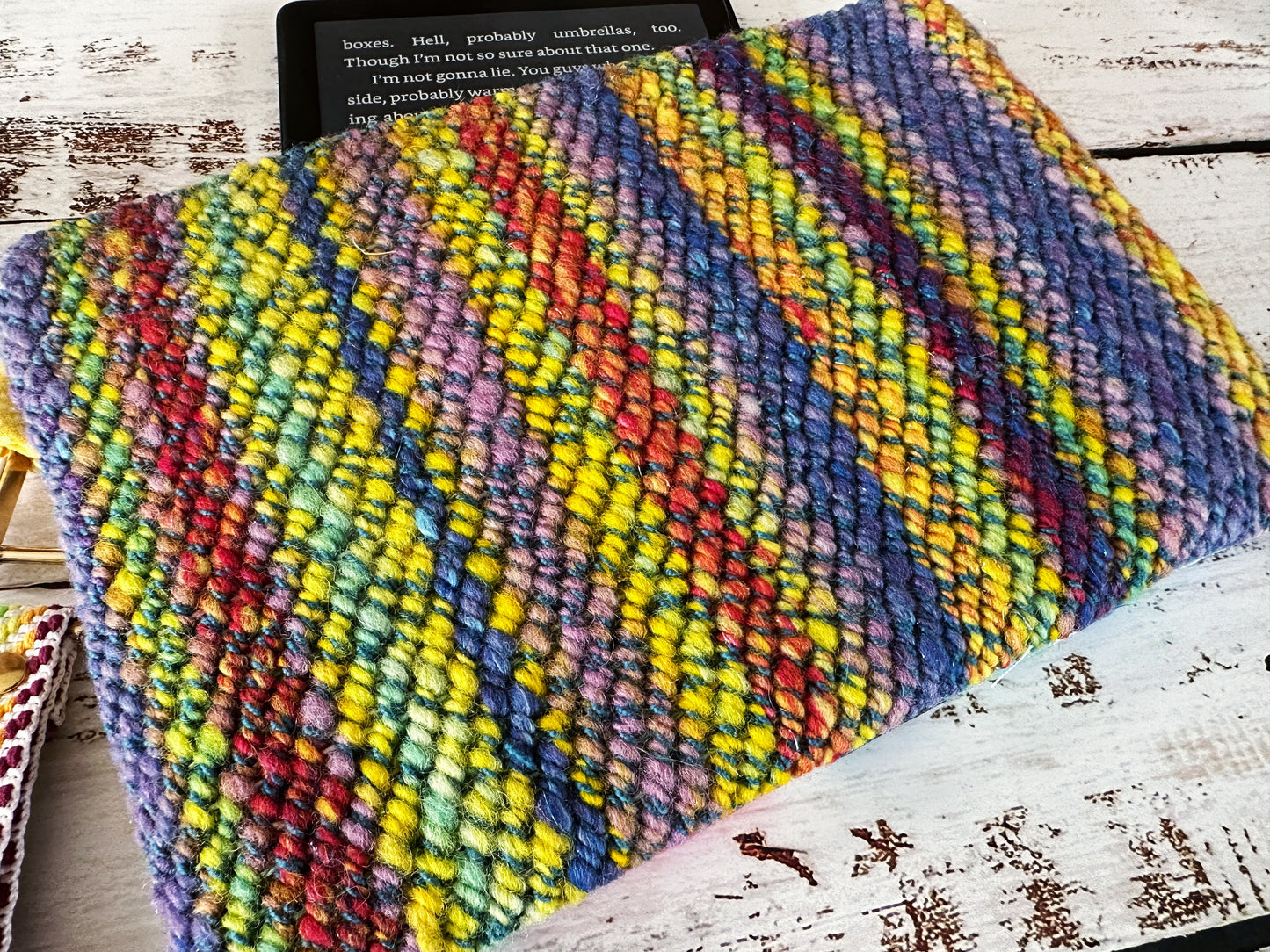 Abstract Birds & Handwoven Wool Double Zipper Clutch, Perfect for E Readers
