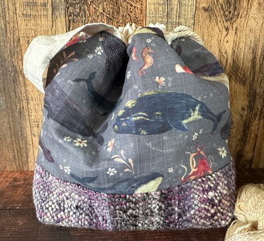 Dolphins and Whales and Handwoven Wool Medium Project Bag