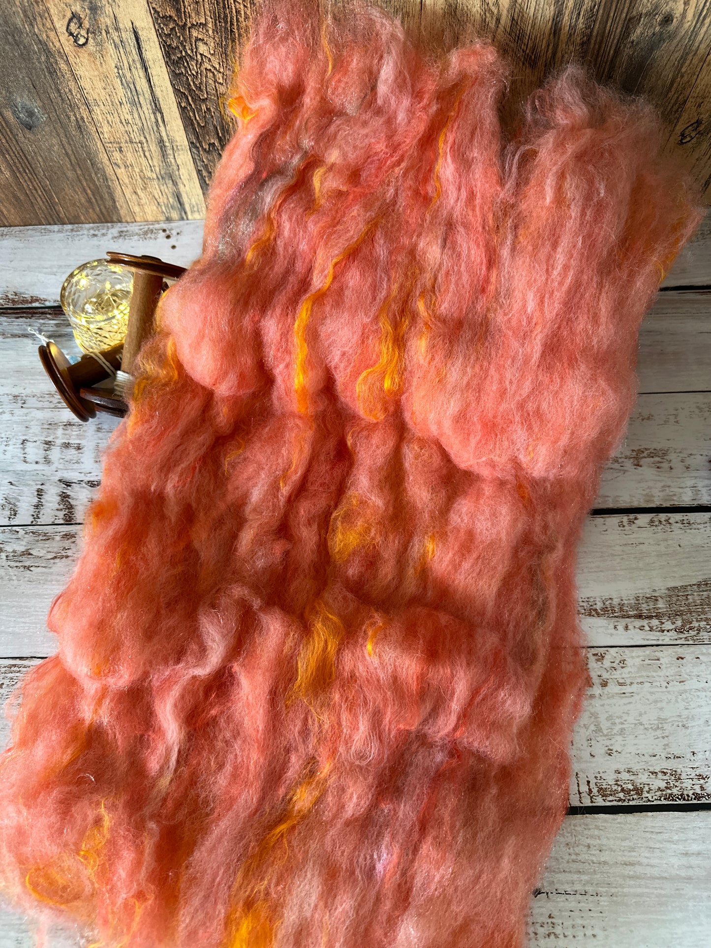 Peachy Orange Shetland and Alpaca Art Batt for Spinning or Felting ~ Pride Rainbow