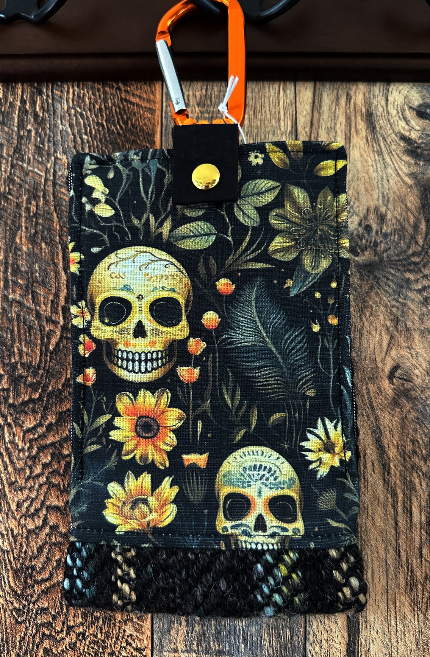 Calavera and Cempasúchil and Handwoven Wool Phone Pouch with Internal Card Pocket