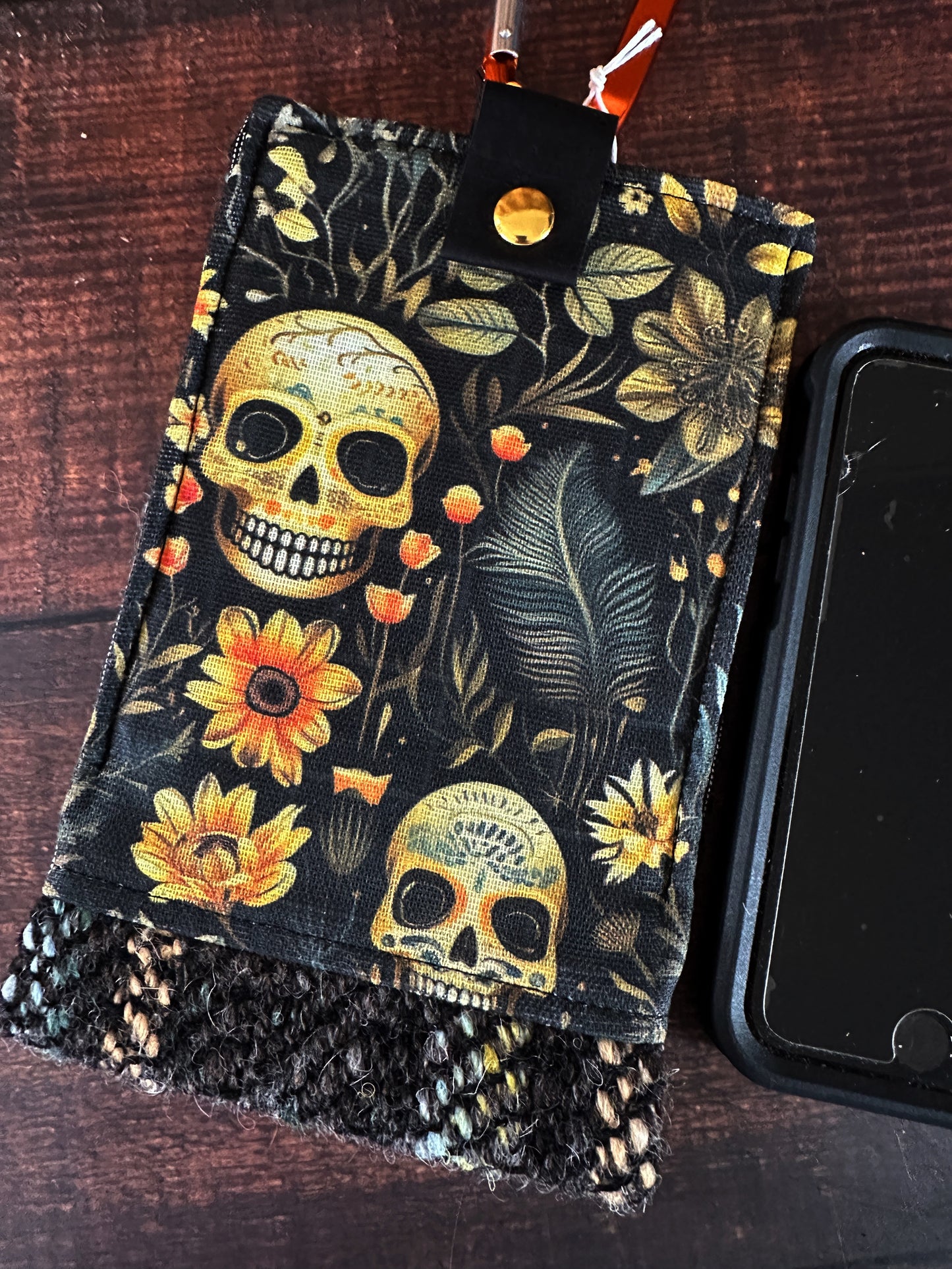 Calavera and Cempasúchil and Handwoven Wool Phone Pouch with Internal Card Pocket