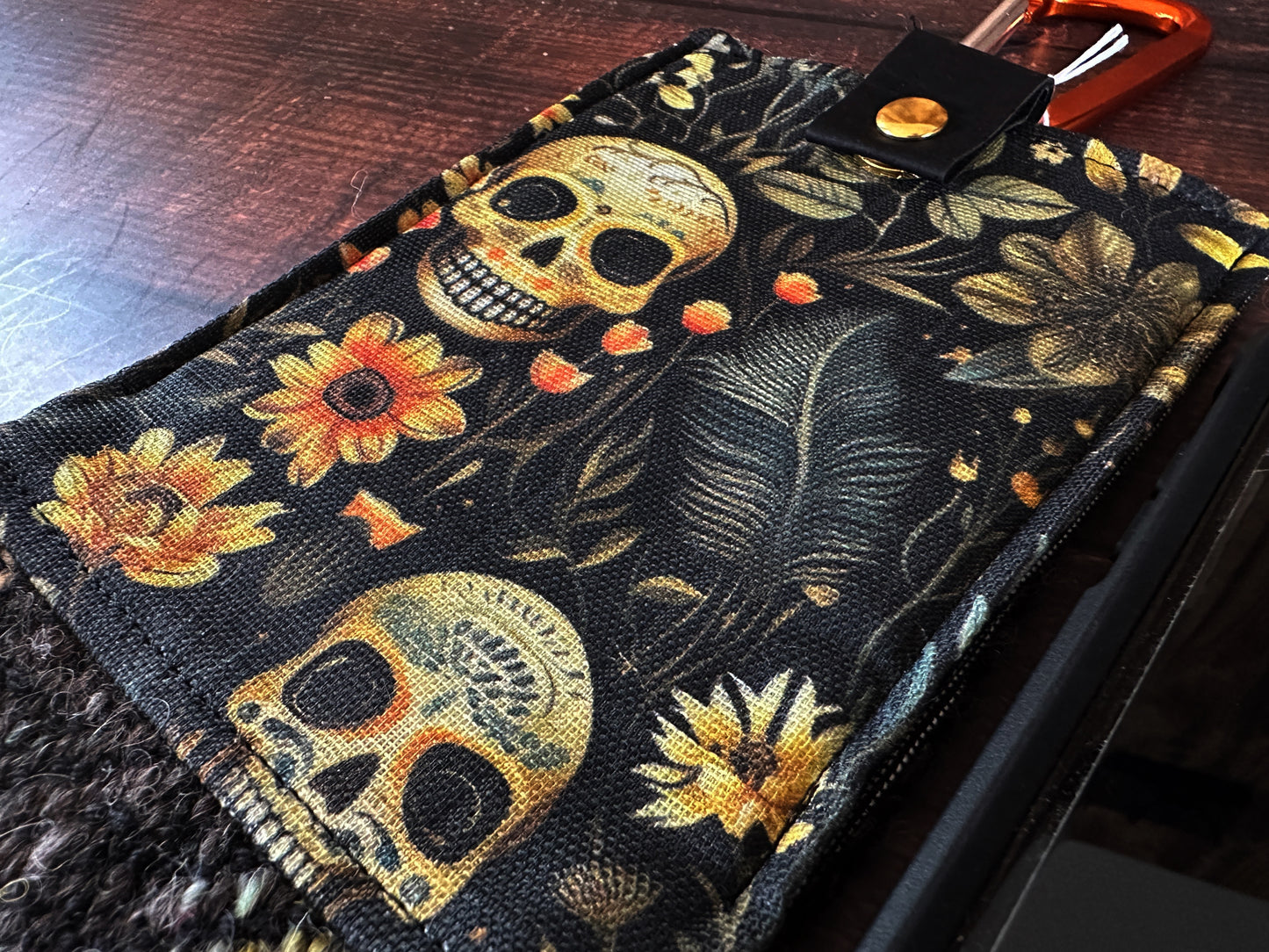 Calavera and Cempasúchil and Handwoven Wool Phone Pouch with Internal Card Pocket