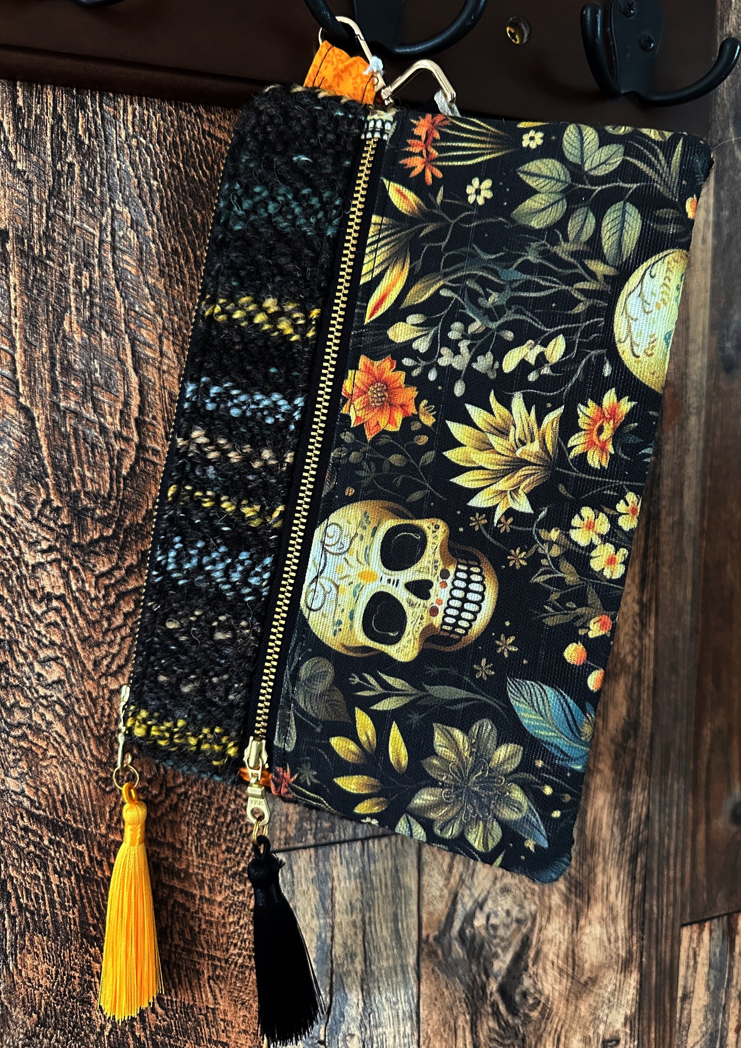 Calavera and Cempasúchil & Handwoven Wool Double Zipper Clutch
