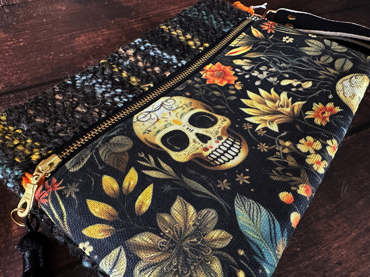 Calavera and Cempasúchil & Handwoven Wool Double Zipper Clutch