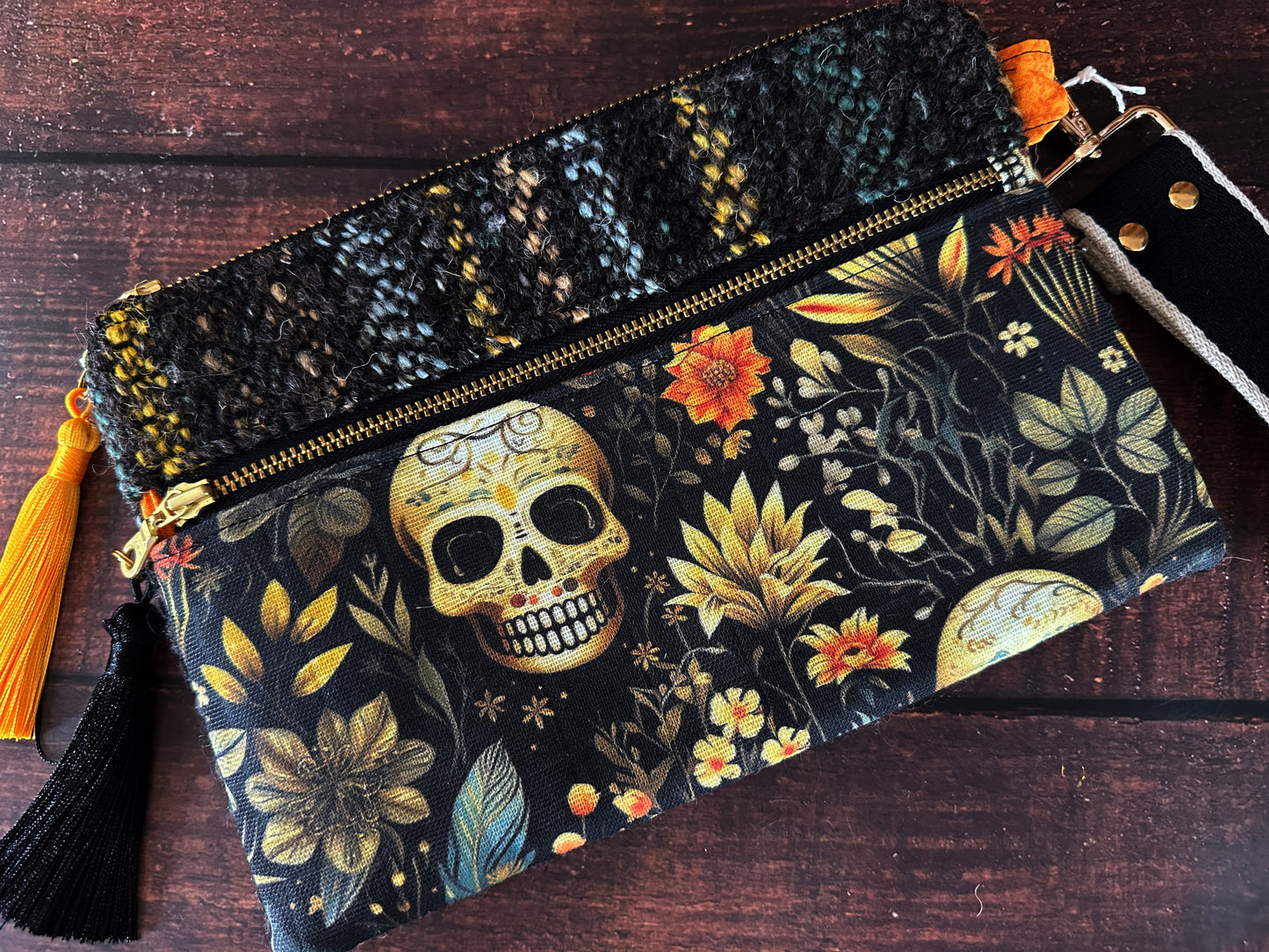 Calavera and Cempasúchil & Handwoven Wool Double Zipper Clutch