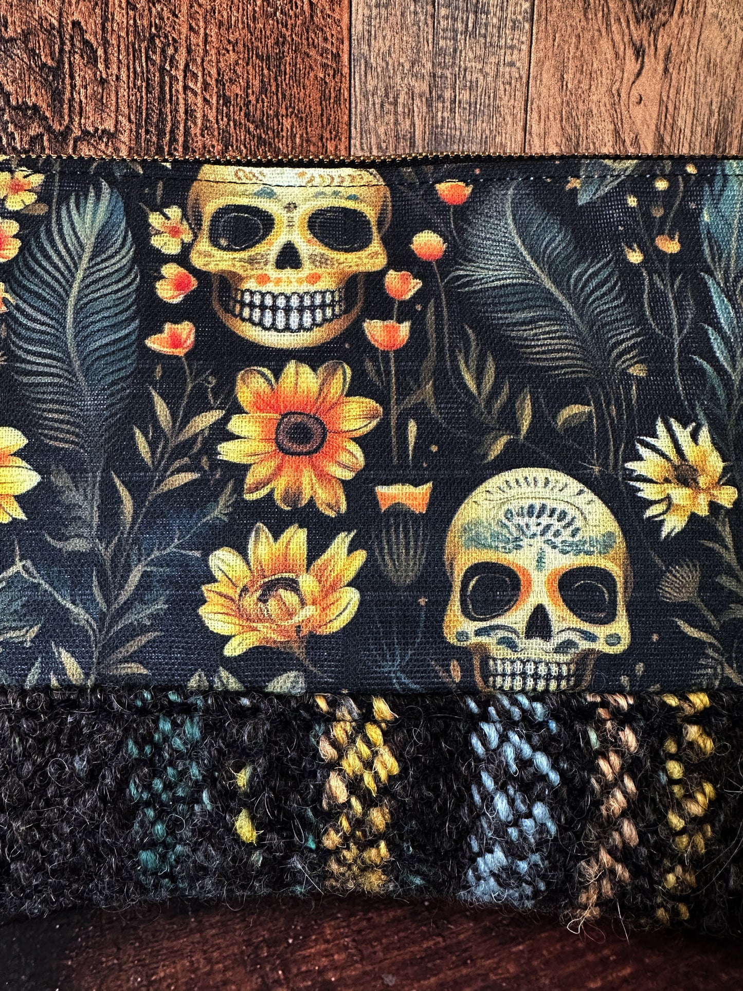 Calavera and Cempasúchil & Handwoven Wool Medium Open Wide Bag