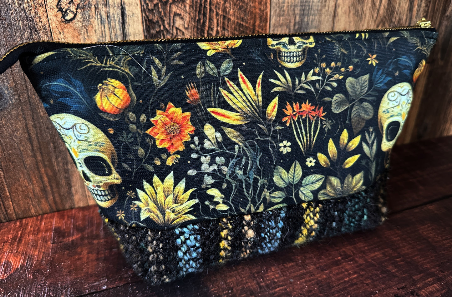 Calavera and Cempasúchil & Handwoven Wool Medium Open Wide Bag