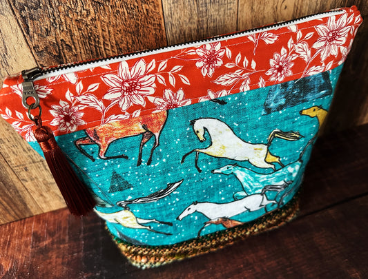 Wild Horses and Woven Wool Cosmetic or Zipper Bag