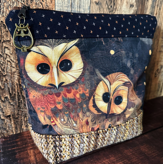 Golden Owls and Woven Wool Cosmetic or Zipper Bag