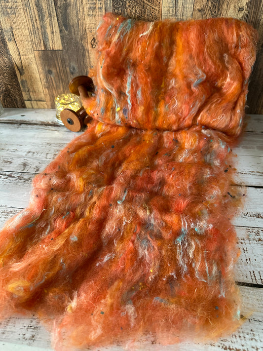 VERY ARTY Art Batts ~ Shetland and Mohair Batt for Spinning or Felting ~ Oranges
