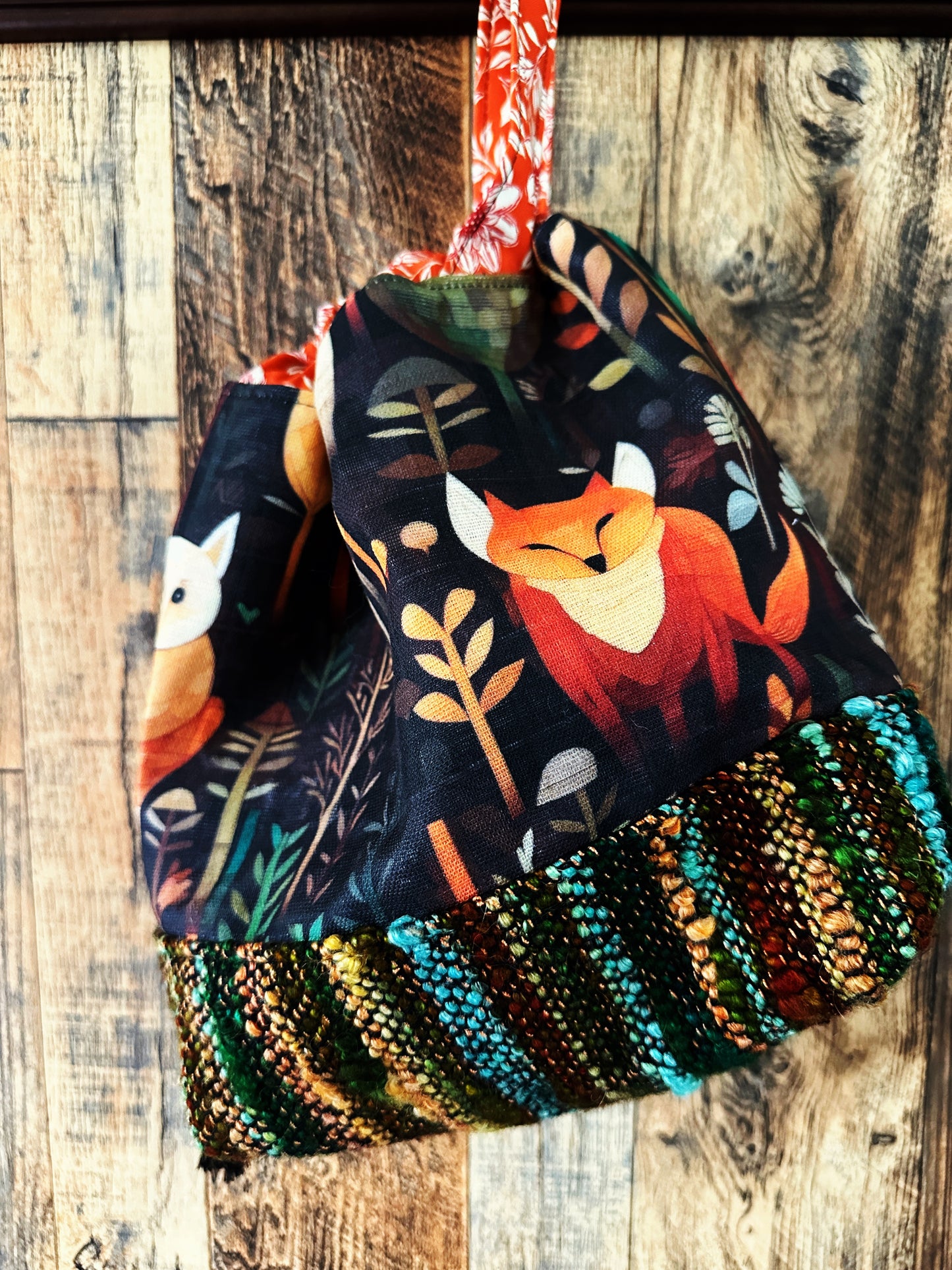 Forest Foxes and Handwoven Wool Medium Project Bag