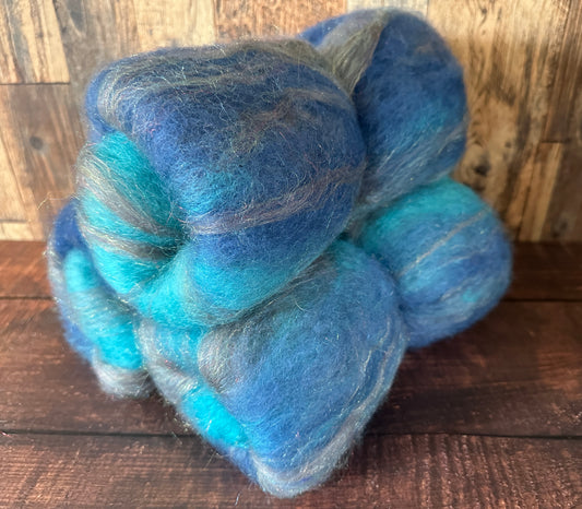 Cashgora and BFL Art Batt for Spinning or Felting ~ Blue, Turquoise, and Silver