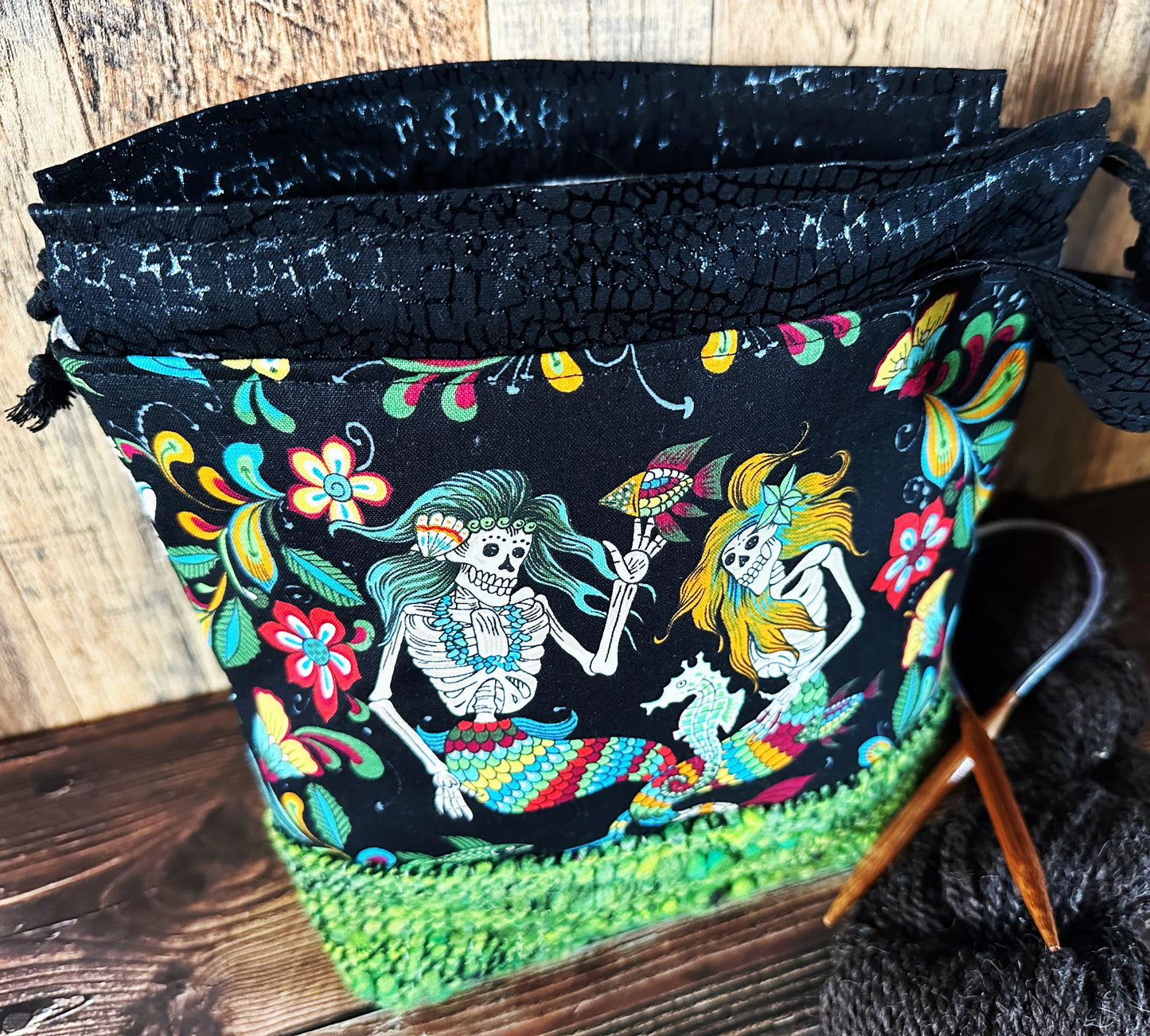 Skeleton Merfolk with Handwoven Wool Small Project Bag