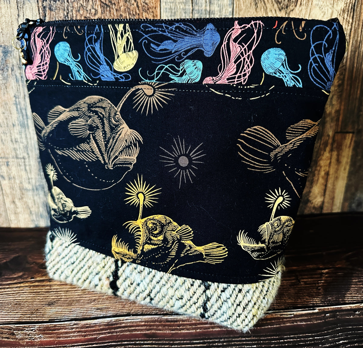 Midnight Zone Anglerfish with Woven Wool Cosmetic or Zipper Bag