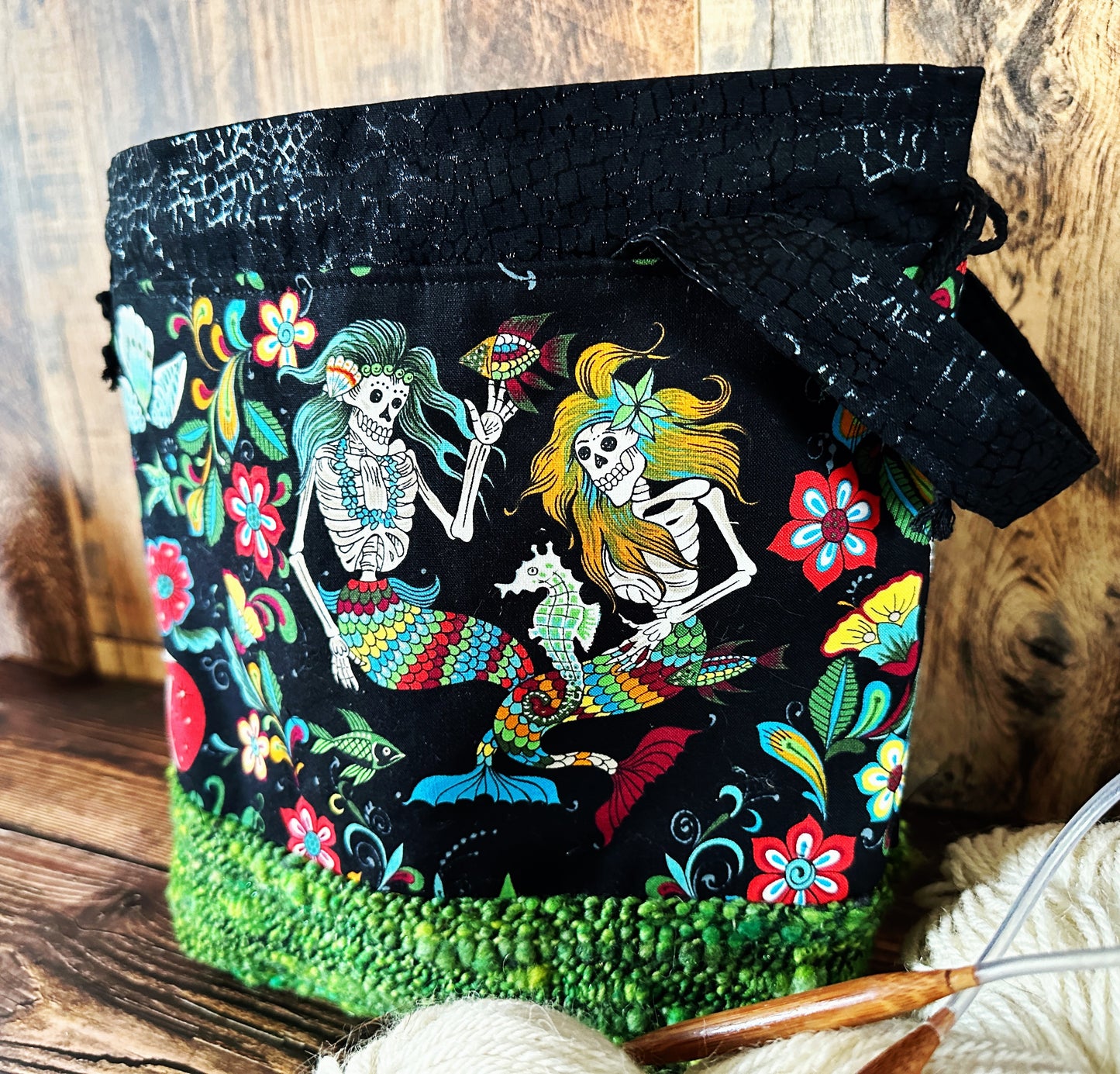 Skeleton Merfolk with Handwoven Wool Medium Project Bag