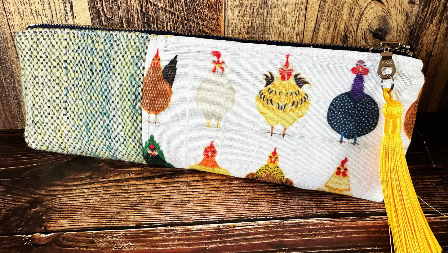Chicken Breeds with Handwoven Wool Long and Lean Zipper Bag