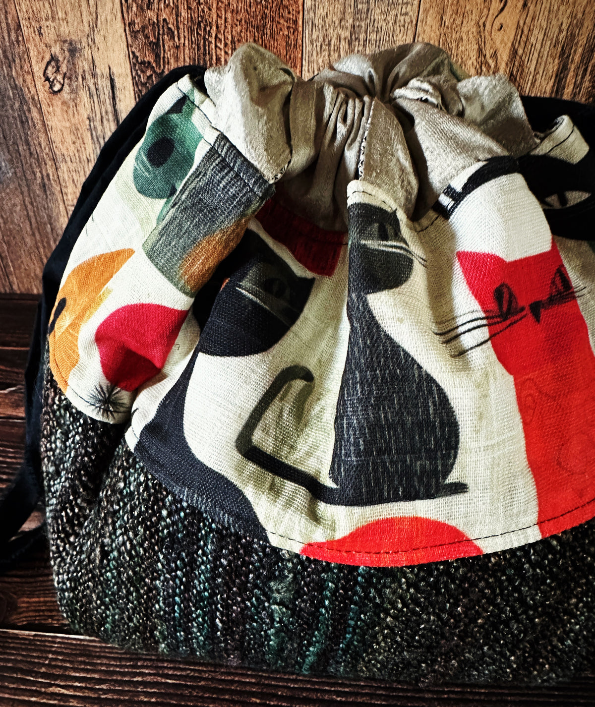 Mid Mod Cats with Handwoven Wool Large Dumpling Bag