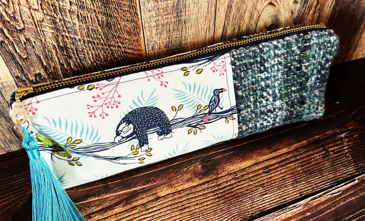 Sleepy Sloths with Handwoven Wool Long and Lean Zipper Bag
