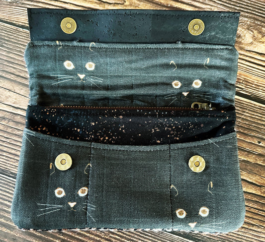 Black Cat Faces with Woven Wool Minimalist Wallet