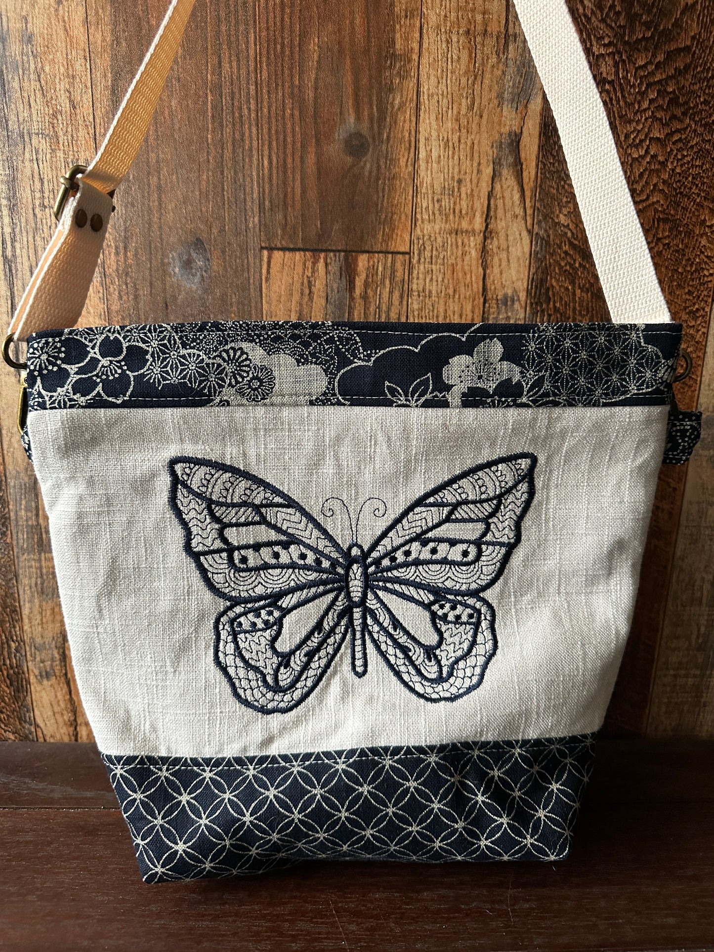 Indigo Linen with Butterfly Medium Shoulder Bag/Purse